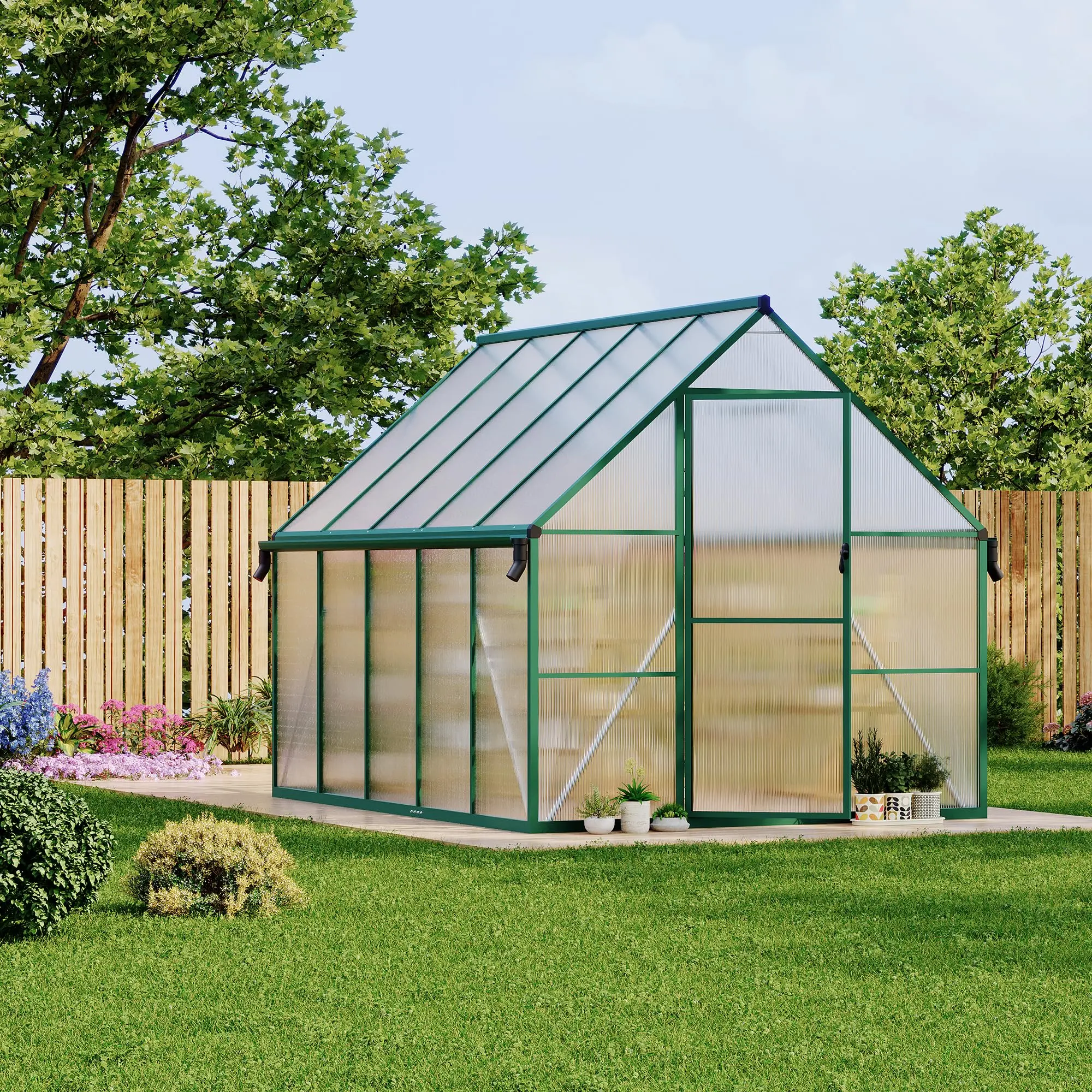 8x10 FT Outdoor Greenhouse, Polycarbonate Greenhouse with Roof Vent and Ground Nails, Aluminum Large Walk-in Green House w/ Lockable Push Door for Outside Garden Backyard