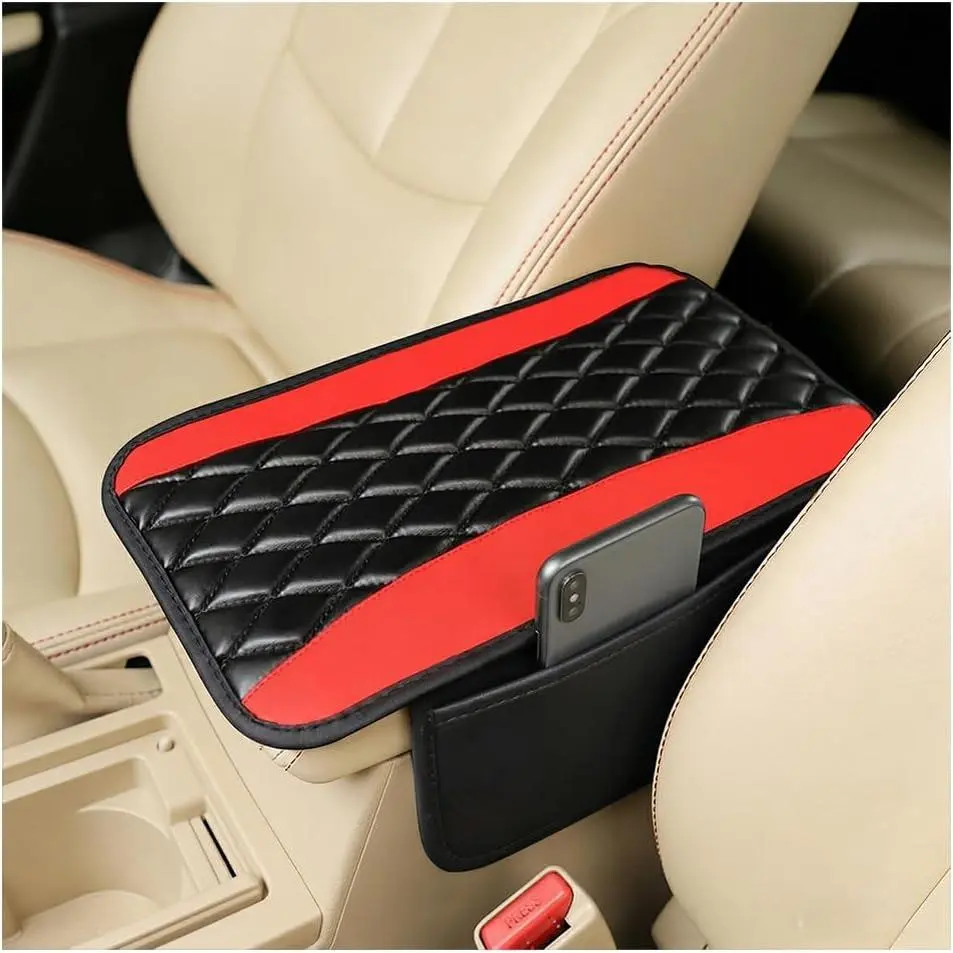 Synthetic Leather Car Center Console Cushion Pad - 7.5x12.6in Arm Support with Anti-Slip Base, 2 Side Storage Bags, Seat Box Cover Protector, Tool-Free Fixing, Console Car Seat Cushions, Auto Accessory for SUVs