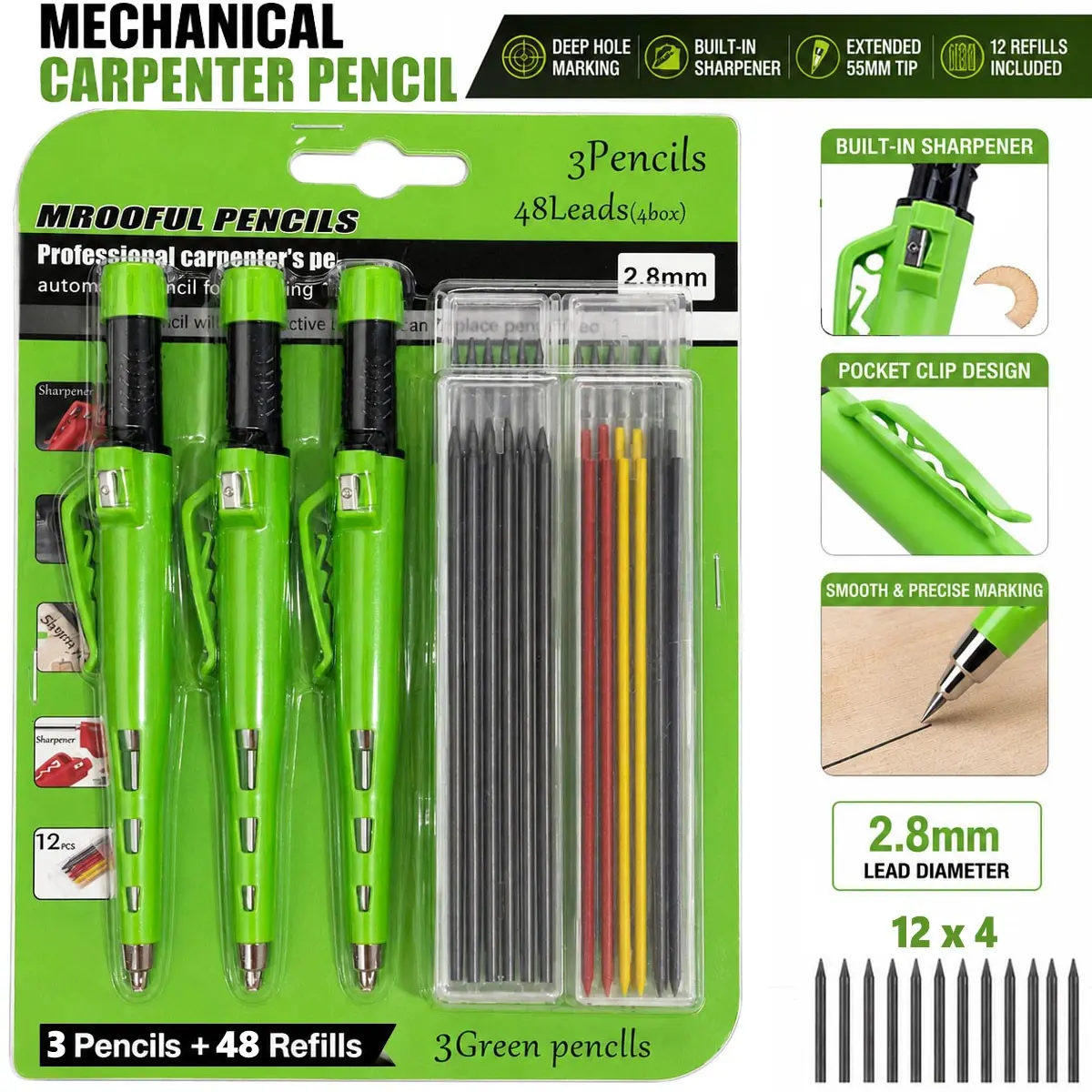 2.8mm Woodworking Automatic Pencil Cartridge Set, Pencil Lead, Suitable for DIY Handmade Gift Making Tools, Suitable for Carpenters, Woodworking, Construction, Automatic Pencil, Father's Gift, Office Supplies and Accessories