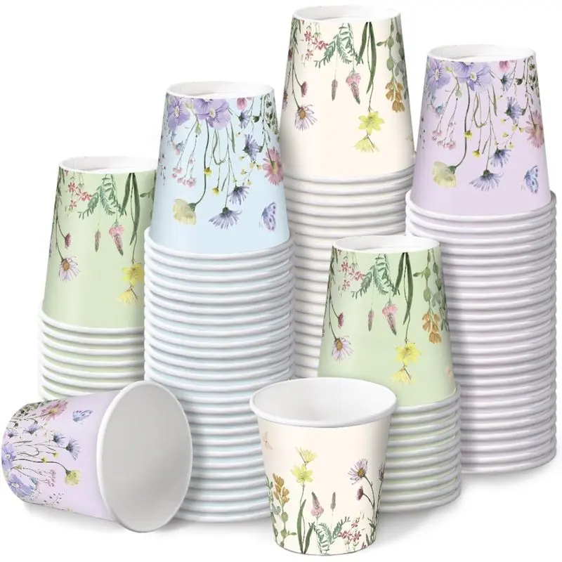 2 oz Bathroom Cups, Disposable Paper Cups - 100 Pack Set Wild Flower Design Printed - Mini Mouthwash Rinse Paper Cups for Home, Bathroom, Picnic, Party, and Events