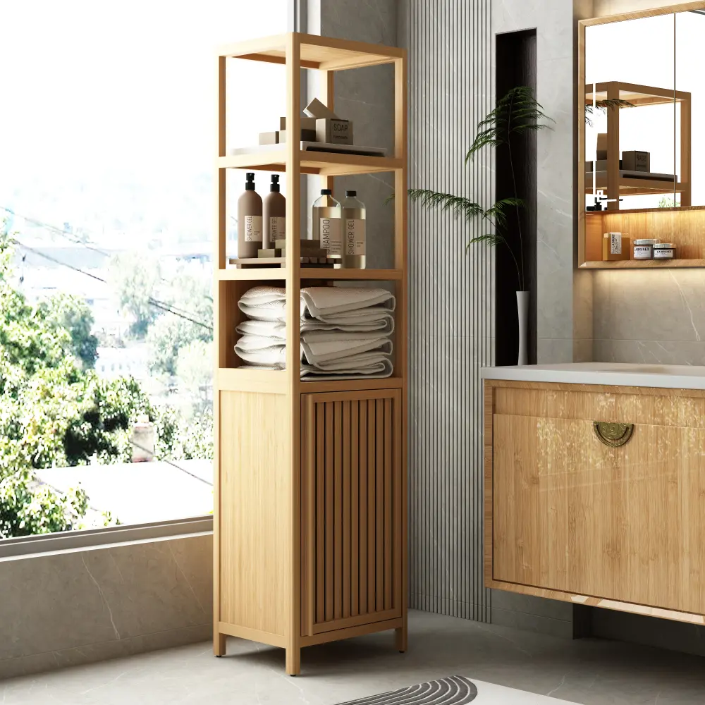 Tall Slim Storage Cabinet with Shutter Door, 3 Tier Shelves Freestanding Linen Tower Organizer, Bamboo Bathroom Cabinet for Living Room, Kitchen, Bedroom, Laundry Room, Entryway, Narrow Space Storage Furniture, Natural Bamboo Floor Cabinet