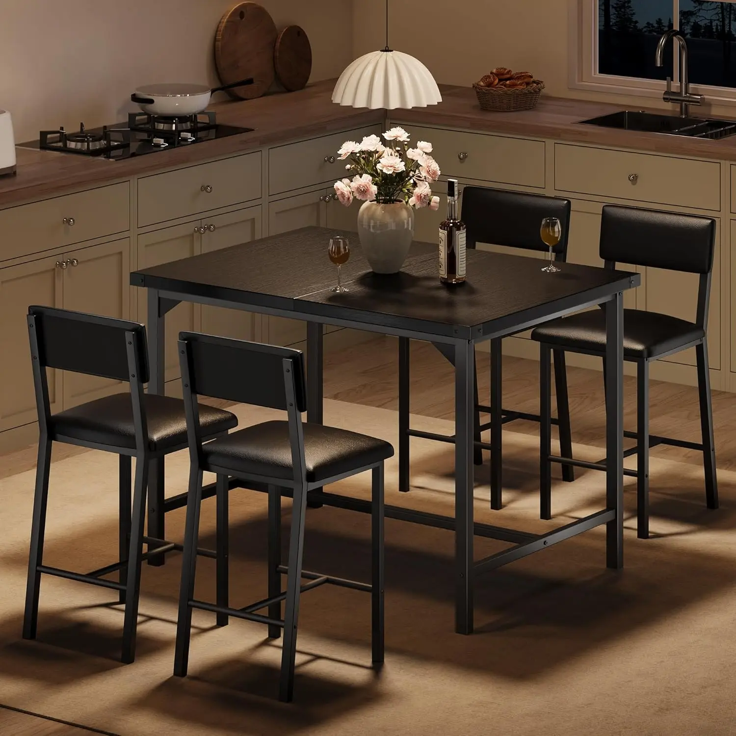 Black Rustic Small Space Counter Height Kitchen Dining Set - 4 Sturdy Ergonomic PU Leather Bar Stools (15.6 in Wide Seats, Footrests, Backrests), Table with Corner Protectors