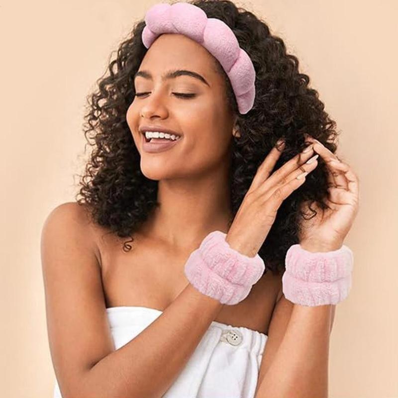 AWAYTR Sponge Spa Headband for Women Washing Face Makeup Bubble Headband Puffy Skincare Headband for Girls Versed Headband Bonus Hair Scrunchie and 2 Wrist Wash Bands