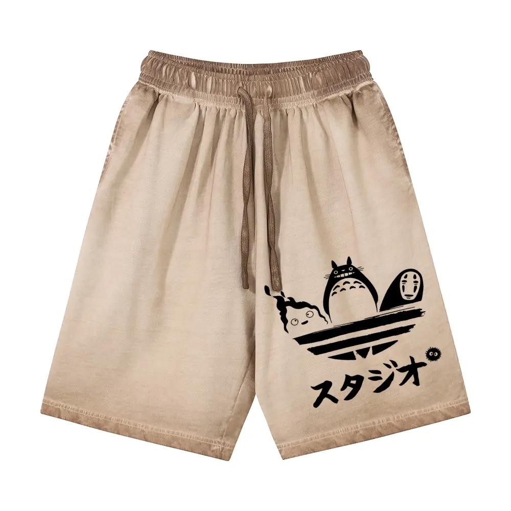 Unisex Retro Ink Line Cartoon Ghibli Graphic Gradient Washed Shorts Personalized Pattern Y2k Clothing Gradient Washed Shorts,Women's Clothing, Menswear, Vintage Style,Summer Casual Oversized