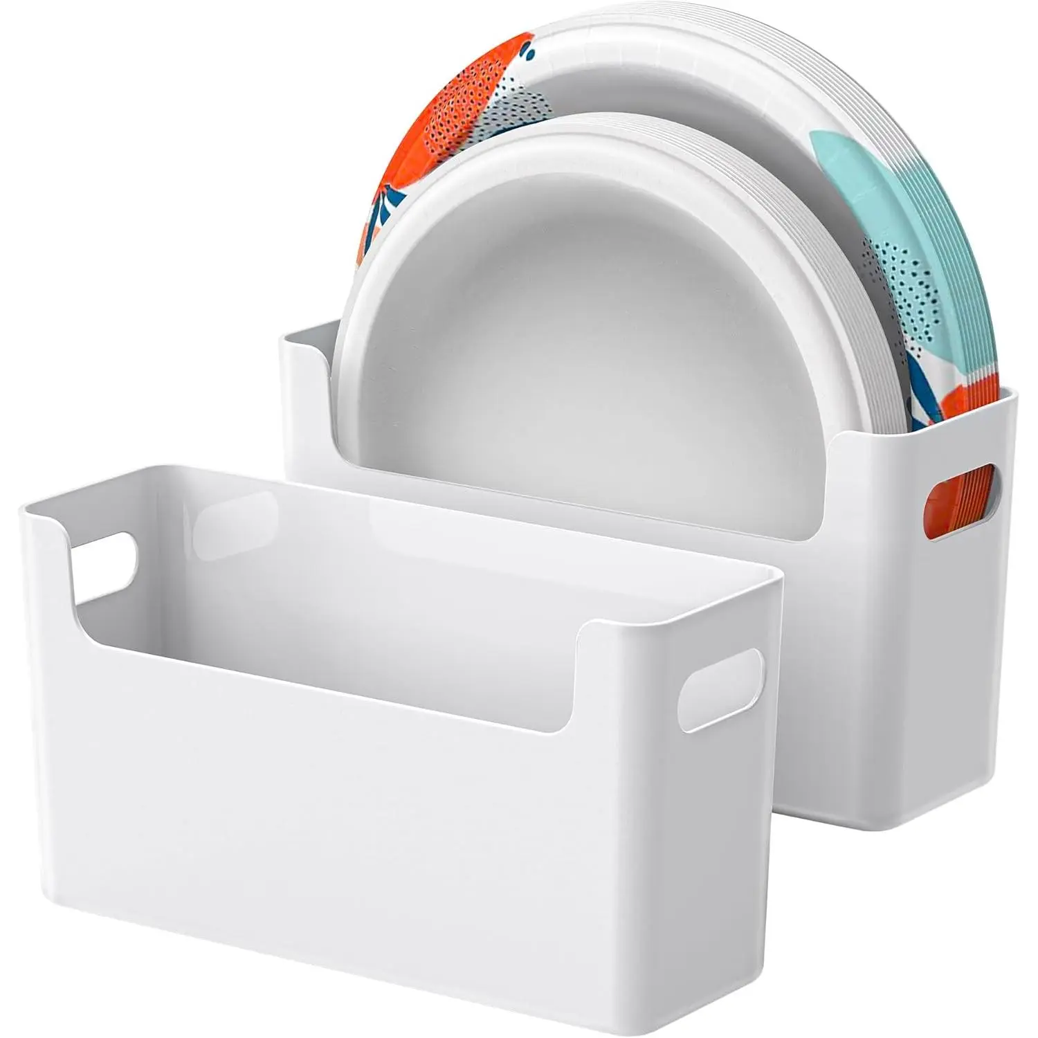 2Pcs Paper Plate Dispenser for 6-9.5 Inch Disposable Plates, Space-Saving Storage Organizer for Plastic Foam Paper Plates for Cabinet Countertop RV Outdoor (White)