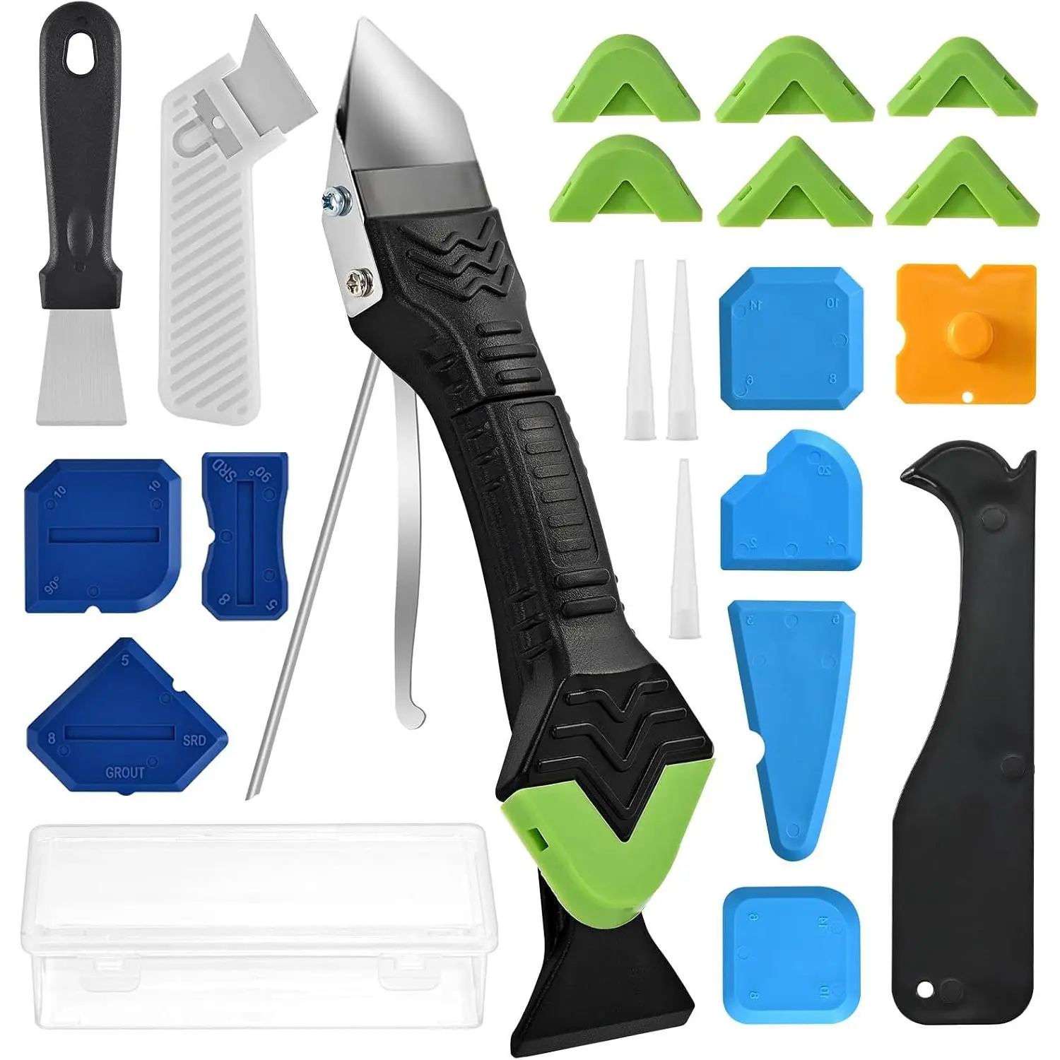 Caulking Tool 5 in 1  Caulking Grout Removal Sealant Finishing Tool Glass Glue Angle Scraper with Grout Scraper for Kitchen Bathroom Floor, Wall Surface,Window,Comes with storage box