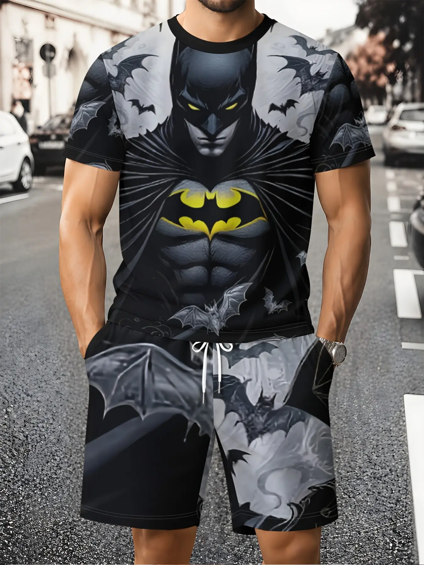 Warner Bros. Dc Batman Men's Short Sleeve & Shorts Set, Dark Bat All-Over Print, Mesh Breathable, Casual Sportswear, Graduation Gift