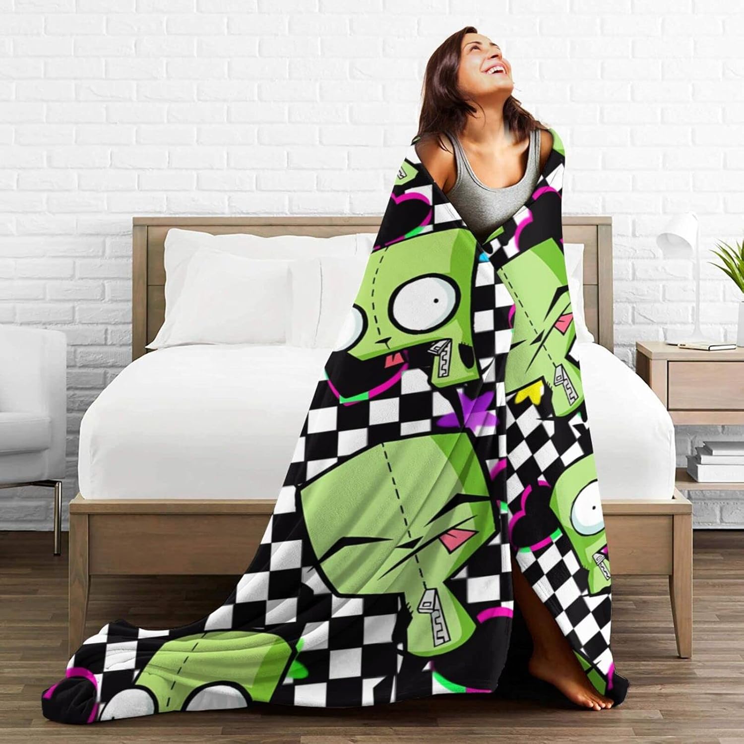 Quirky Green Bot Throw Blanket – Y2K Cartoon Style with Checkerboard & Neon Hearts – Soft Cozy Flannel for Bed, Couch, or Dorm Room Decor – Fun Gift for Boys Girls Teens, Anime Lovers, and Alt Aesthetic Fans