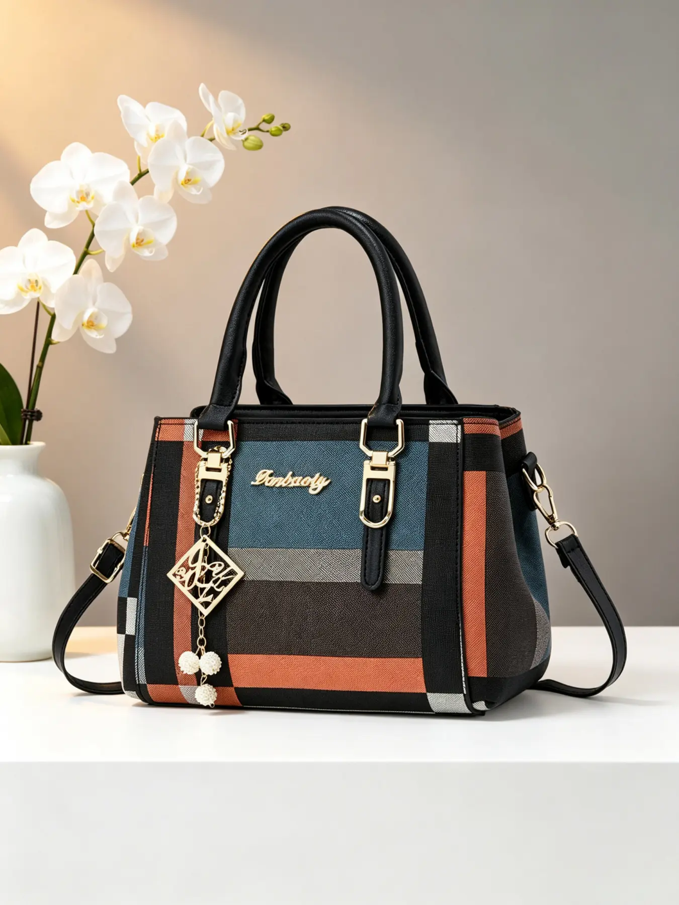 Multi colored striped color blocked women's handbag, fashionable plaid women's bag, high-end brand designer women's shoulder bag, large capacity women's shoulder bag, multiple color options