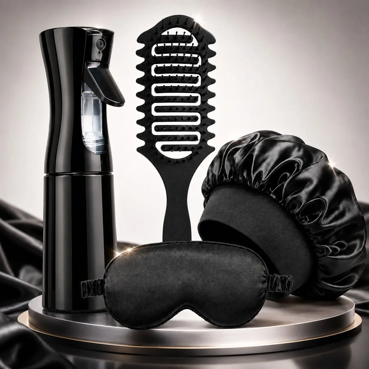 4-Piece Day & Night Curly Hair Care Set with Continuous Mist Spray Bottle, Flexible Vented Detangling Brush, Wide-Band Satin Bonnet & Light-Blocking Sleep Mask for Natural Curls, Coils, Waves and Textured Hair