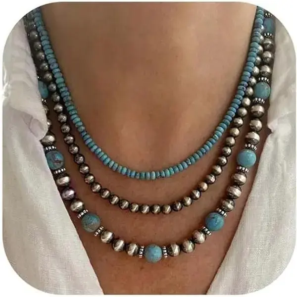 GleamJoy S Navajo Pearl Necklace Earrings Set Western Turquoise Jewelry for Women Navajo Pearl Beaded Necklace for Nashville Outfit Western Dress Country Concert Accessories Gifts