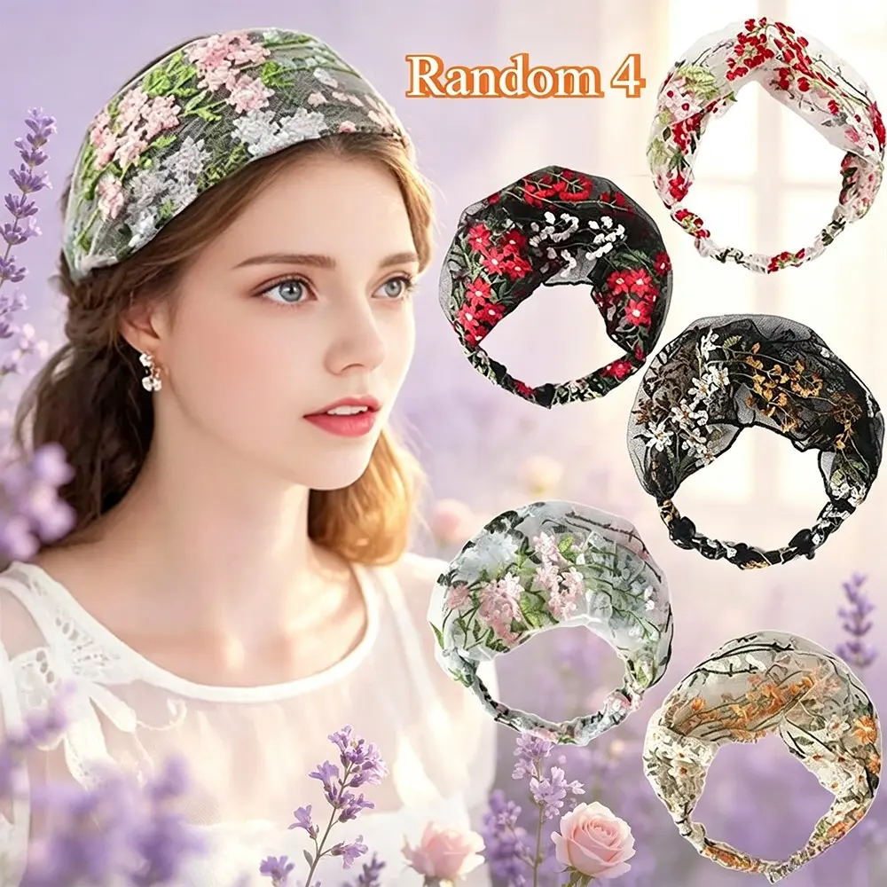 4 random embroidered lace headbands for women. Wide design holds stray hair, fresh floral patterns on lightweight breathable lace. Moderate elasticity protects hair, gentle daily hair accessory for makeup and styling.