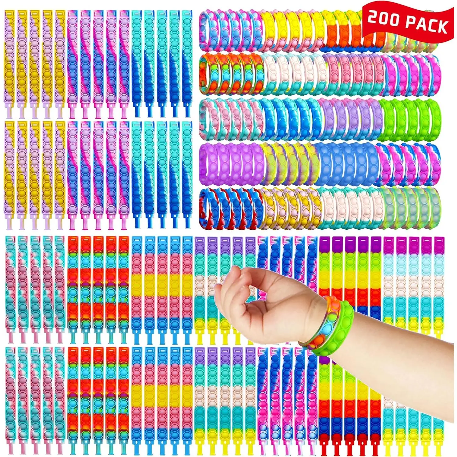 200PCS Pop Fidget Bracelets, Popper Bracelet Pack, Durable and Adjustable, Multicolor Push Pop Finger Press Bracelet for Kids and Adults, Bulk Toysfidget toys
