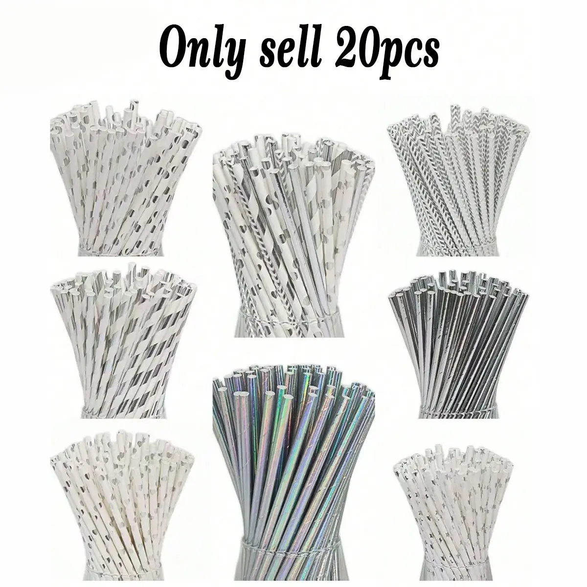 20pcs Silver Color and Disposable Paper Straws, Ideal for Weddings, Parties, Bars, Beaches, Eco-Friendly Drinking Accessories