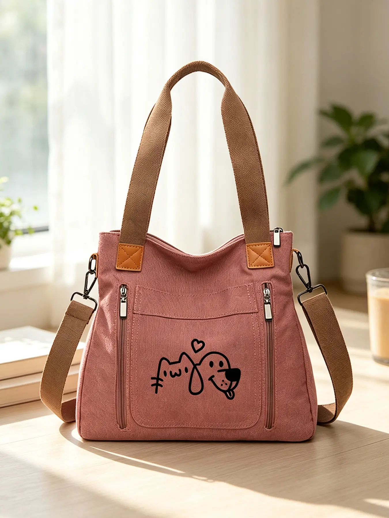 Casual tote bag printed with cats, dogs and hearts, stylish handbag & unique shoulder bag for women. Large capacity crossbody bag with multiple compartments, suitable for office, travel and shopping, a lovely gift choice.