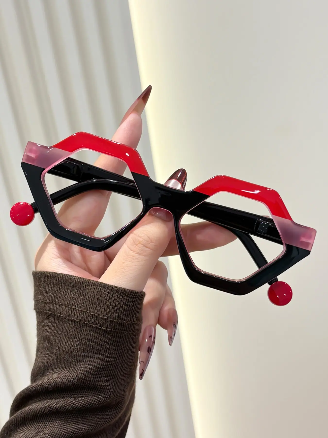 Gradient Multicolor Polygonal Glasses, Cherry Bead Temple Decor, Elastic Temples, Daily Wear Fashion Eyewear, Unique Style Sunglasses