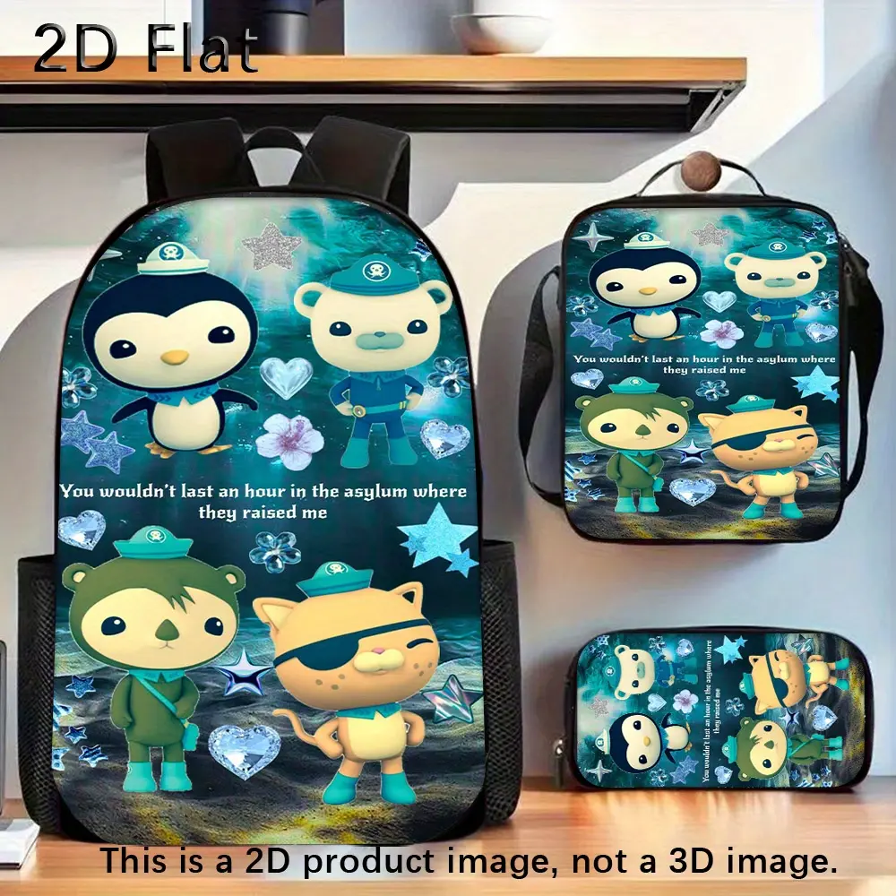 Kids' 3-Pcs Octonauts Cartoon Character Backpack Combo Set - 2D Flat Print, Glitter Star Hearts Pattern, 600D Oxford Fabric, Lightweight, Padded Straps, Multi-Pocket School Lunch & Pencil Bag, Back To School Haul, Quote, Meme Print, Character Backpacks, C