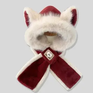 New Fox Ears Integrated Hat Scarf Set Warm Pullover Cap Windproof Coldproof Ear Protection Hat Outdoor Sports
