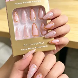 24 Pcs 3D Gold Almond Wearable Nails, Nude Teardrop False Nails, Rhinestone Glitter Design, Nail Art Accessories, Decorative Nails, Reusable for Daily, Party, Date, Wedding, Glittering Fake Nails