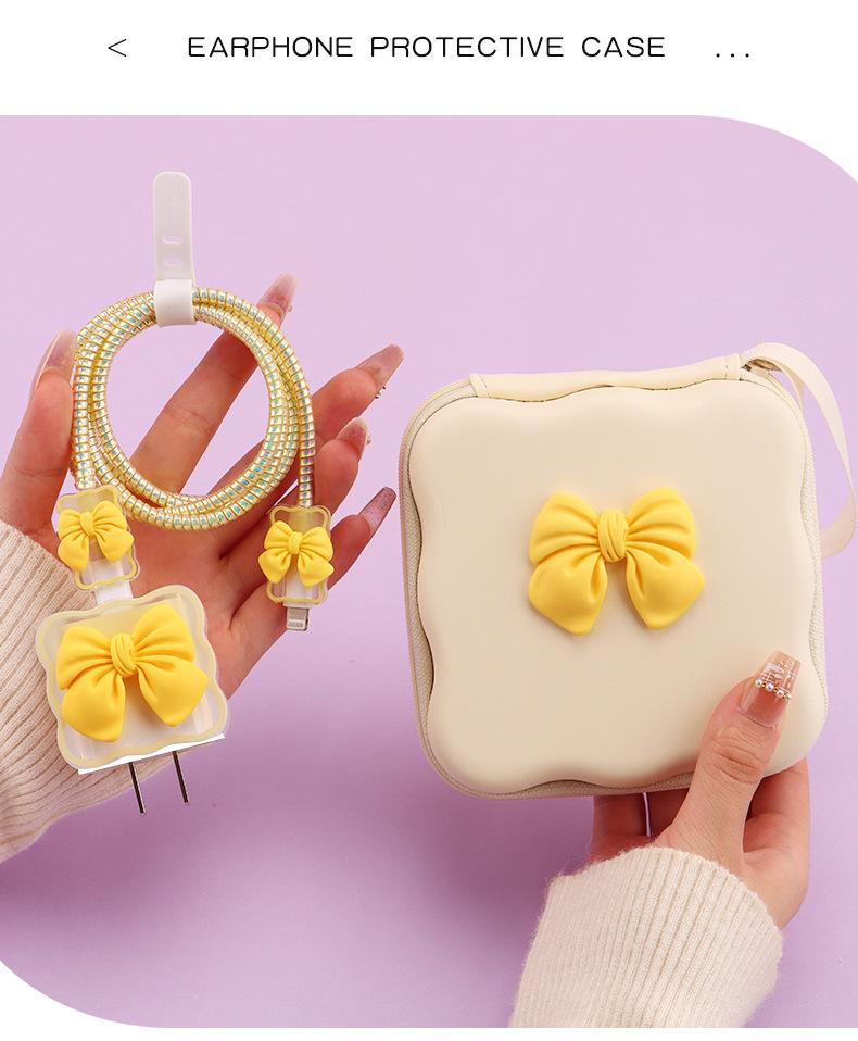 iPhone Charger Cable Protector Set with Cute Pink Bow, Only Compatible with Apple Original 18W/20W Adapter, Anti-Break Data Cable Organizer & Storage Bag for Women Girls (Charger & Cable Not Included)