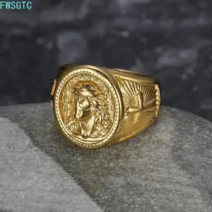 2026 New Arrival Men 18K Gold Plated Stainless Steel Ring, Minimalist Jesus Portrait Religious Band, Ideal Faith Gift for Anniversary Easter Thanksgiving Christmas