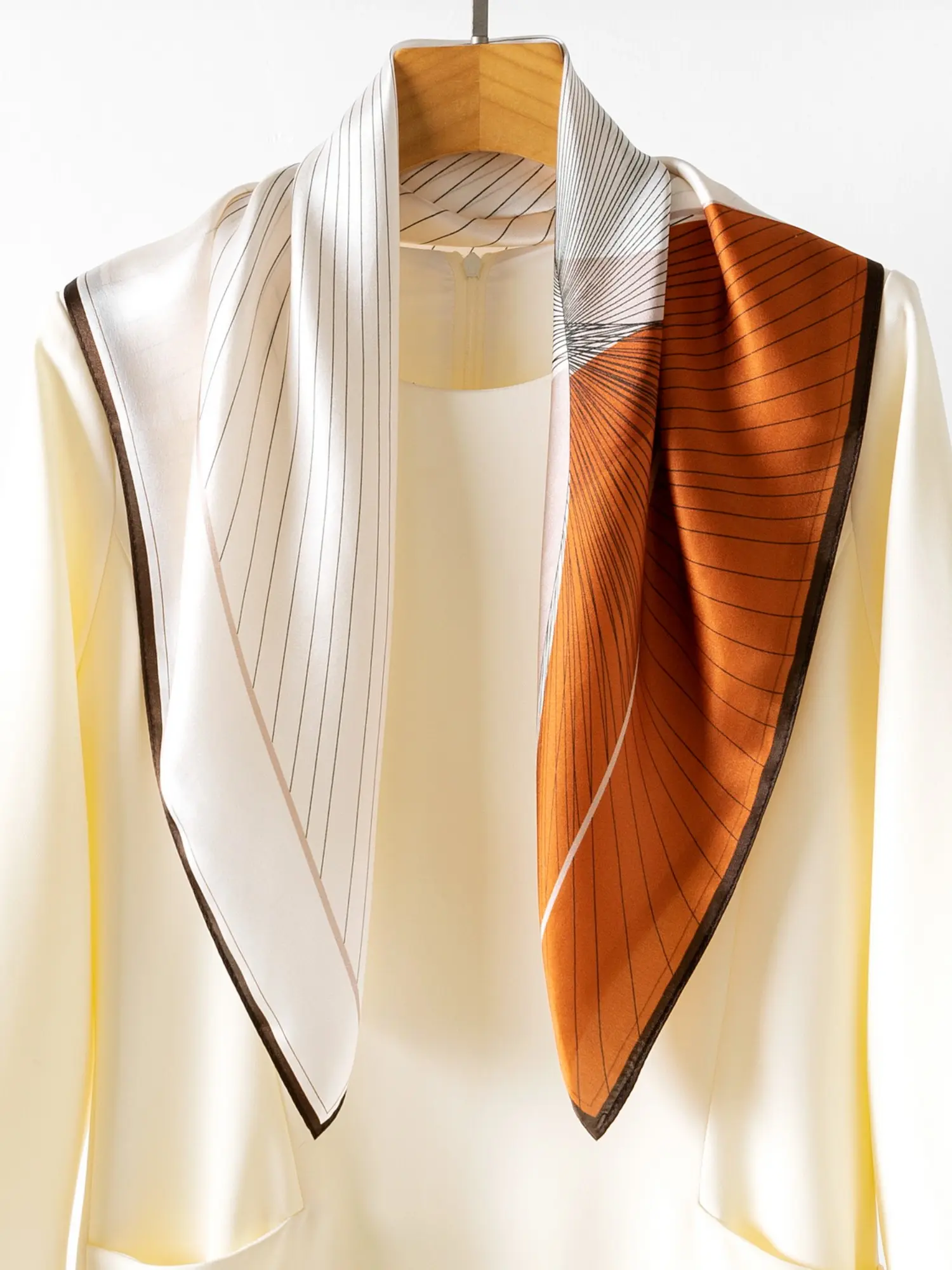 Elegant Women's Scarf, 27.56 Inches, Simple Line Pattern, 100% Hangzhou Mulberry Silk, Lightweight, Breathable, Soft, Perfect for Outings