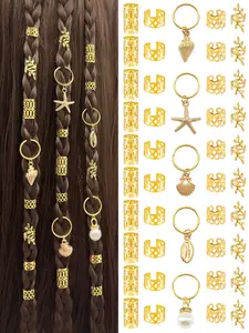 45pcs Ocean Element Hair Rings, Golden Starfish, Conch, Shells, Pearls, Adjustable Alloy Cuffs, Coastal Boho Jewelry for Dreadlocks & Braids