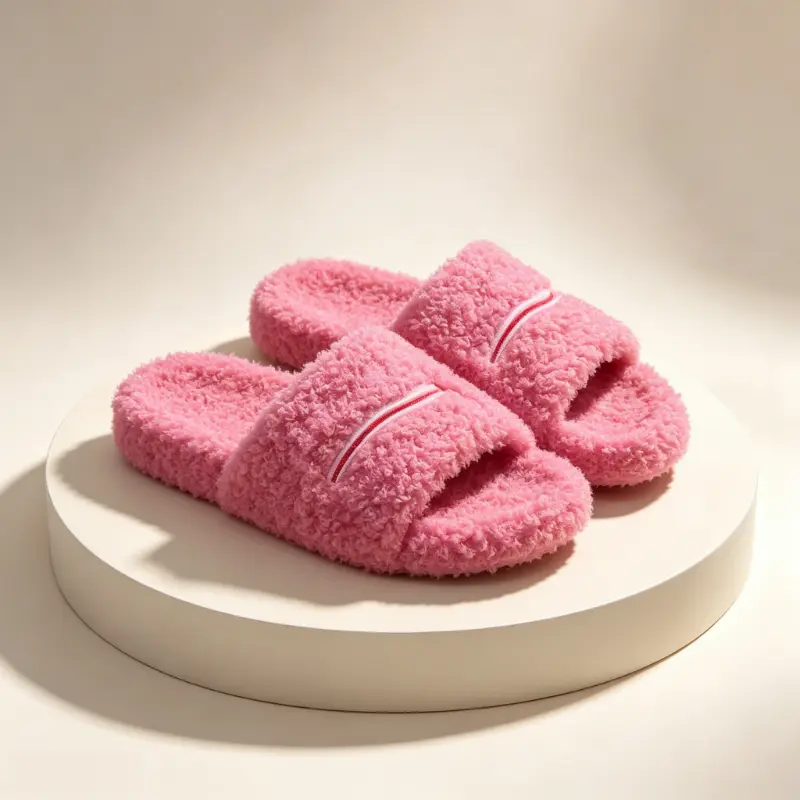 Trendy Curly Faux Fur Slide Slippers | Red White Stripe Embroidery Fluffy Open Toe Slippers, Anti-Slip Cozy Plush Slides for Bedroom, Living Room & Casual Outings | Sports Slide & Sandals