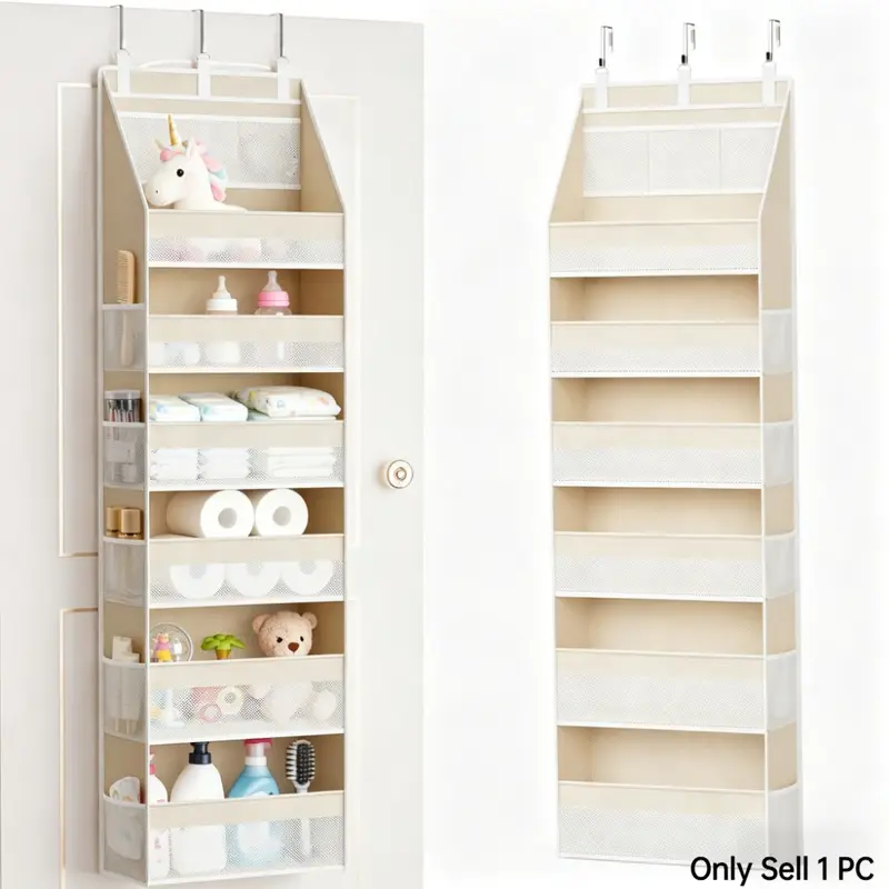 Over the Door Organizer, 6-Shelf Closet Hanging Storage with 13 Mesh Pockets, 55lbs Capacity Behind the Door Storage for Baby Nursery, Bathroom, Bedroom, and Dorm