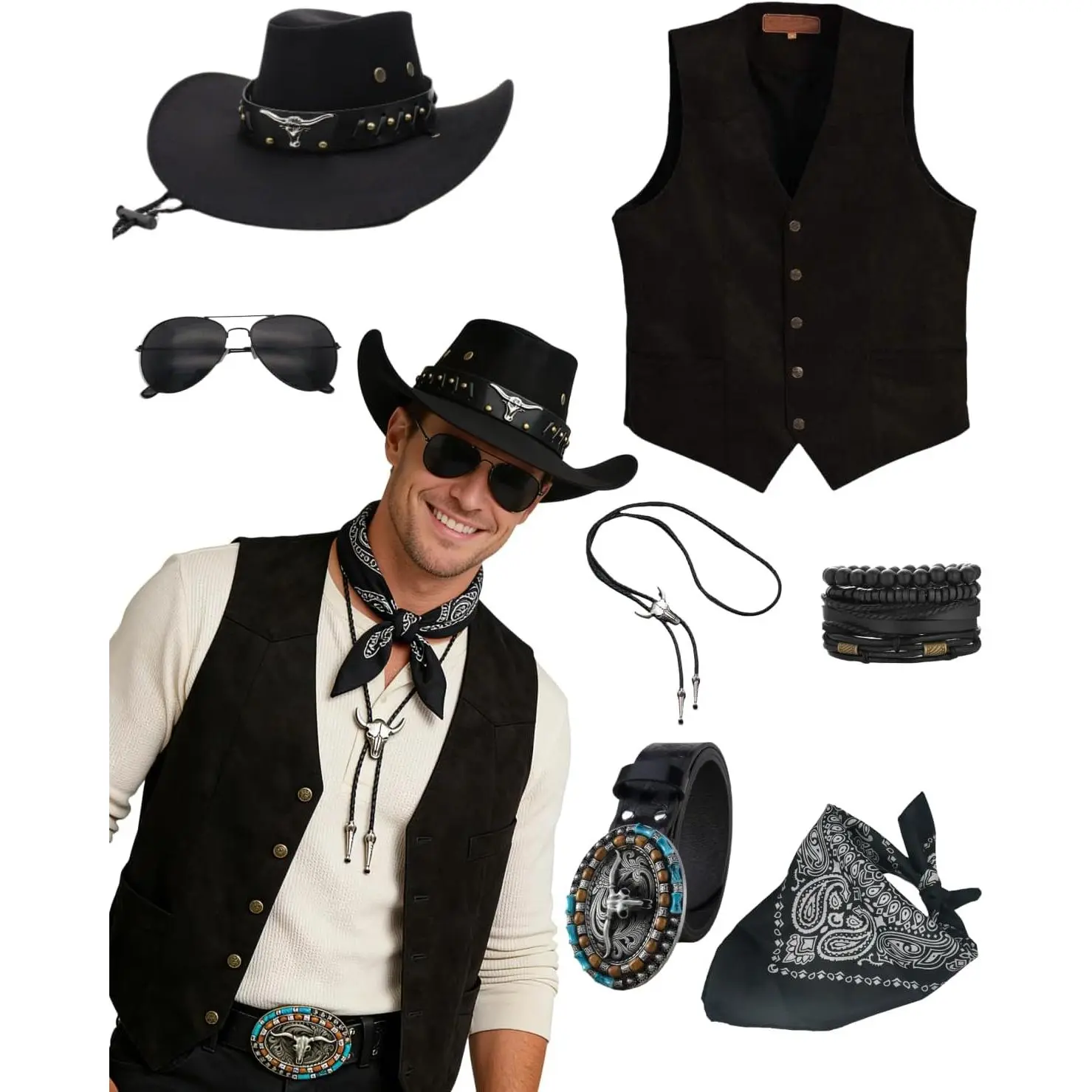 7pcs Men Western Cowboy Costume Outfit Including Vest Accessories for Cowboy Party