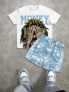 Men's Trendy Print Round Neck T-Shirt + Pocket Drawstring Casual Shorts Set, Summer Outdoor Two-Piece, Versatile Fashion