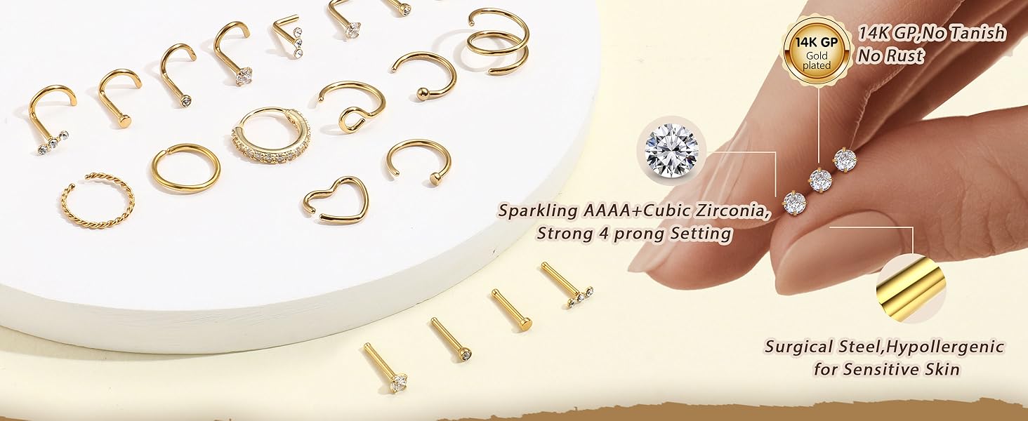 Hypoallergenic Stainless Steel Nose Rings Hoops, Rhinestone Design, Plain Pattern, 18g & 20g Sizes, Unisex Piercing Jewelry, 20pcs Set, Body Jewelry