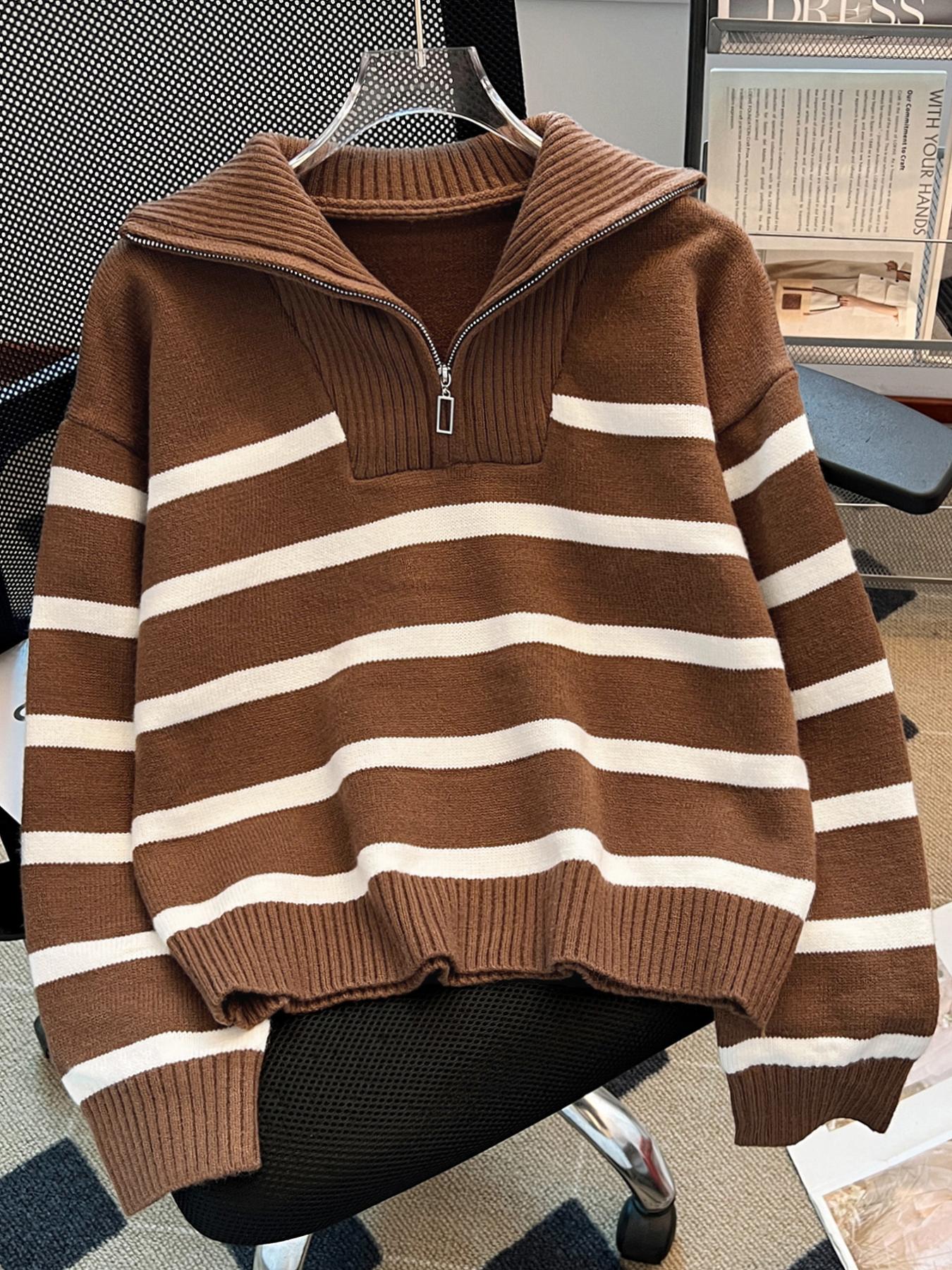 Women's Striped-Print Drop-Shoulder Sweater with Half-Zipper, Casual Long-Sleeve Collared Jumper for Daily Outdoor Wear, Knitwear for Fall & Winter, National Day Outfit