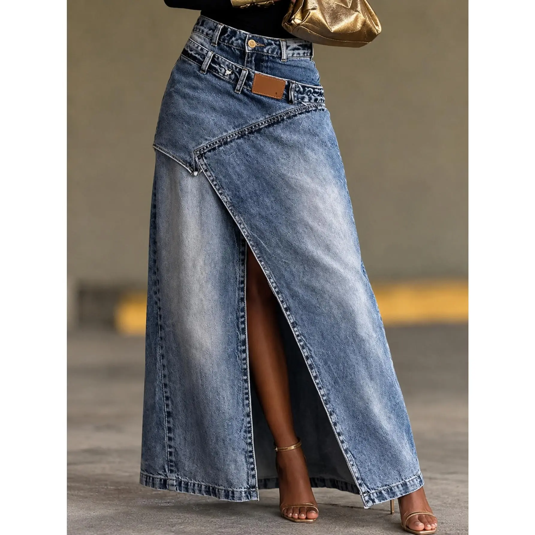 Elegant Women's Retro Mixed Denim Skirt - Modest High-Waisted Cotton A-Line with Asymmetrical Split for Casual Street Style
