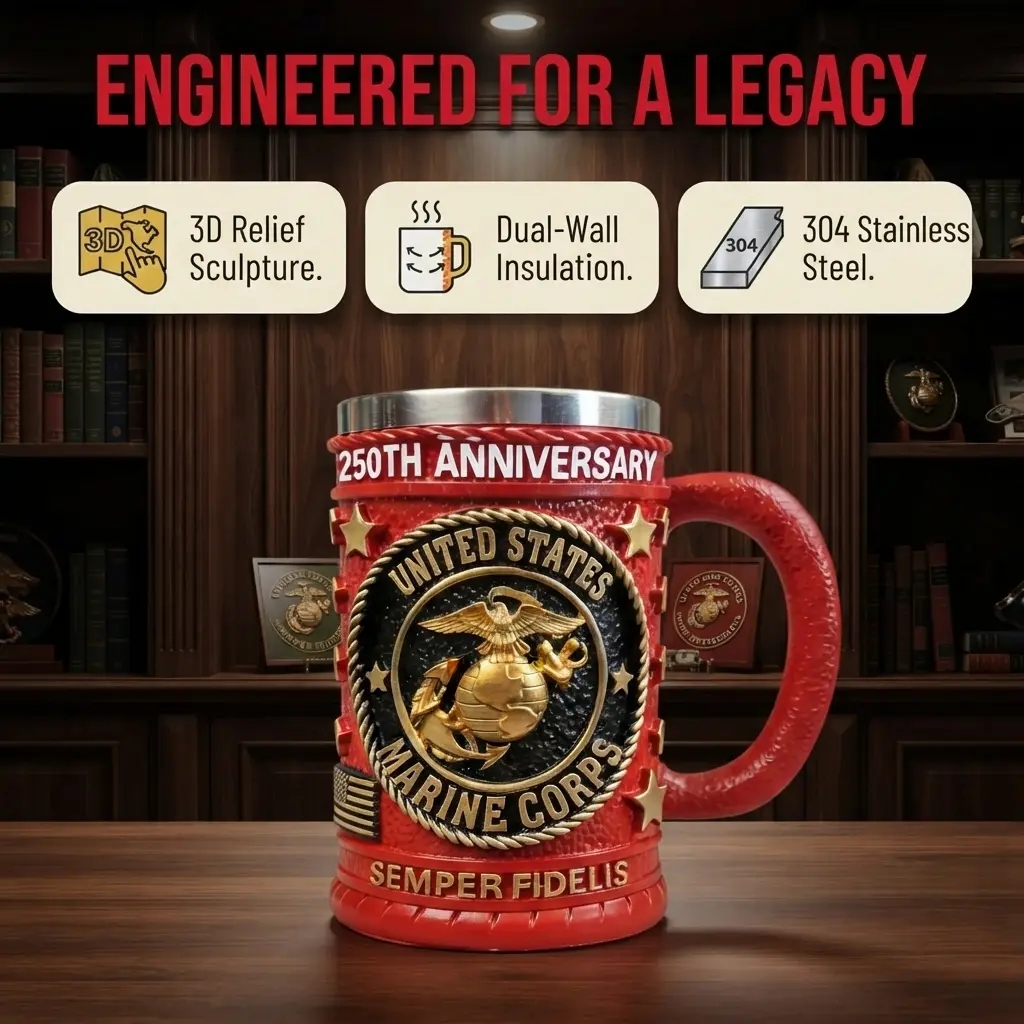 TacticalMugHub U.S. Marine Corps 250th Anniversary Limited‑Edition 3D Mug, EGA Embossed Stainless Steel Tankard, Collectible Gift for Marines, Veterans & Dad
