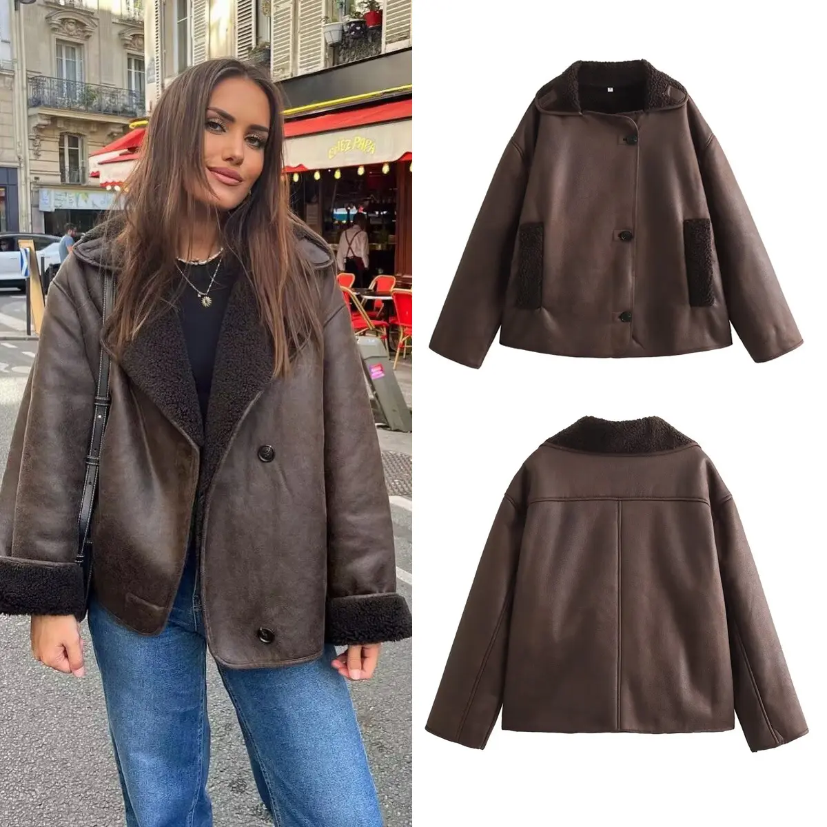 Reversible Shearling Collar Jacket for Women Faux Suede Zip Up Coat with Plush Lining and Pockets