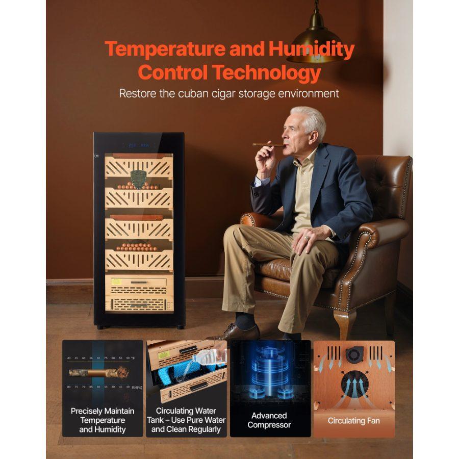 VEVOR Electric Humidor, 105L, 1000 Counts Electric Cigar Humidor Cabinet with Compressor Cooling, Constant Humidity Temperature Control, Spanish Cedar Wood Shelves Drawers, 4 Layers, for Household