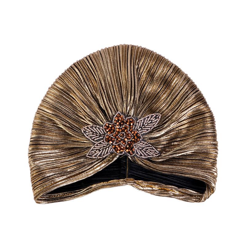 Clover Rhinestone Gold Foil Pleated Turban, Ethnic Print Head Wrap Cap