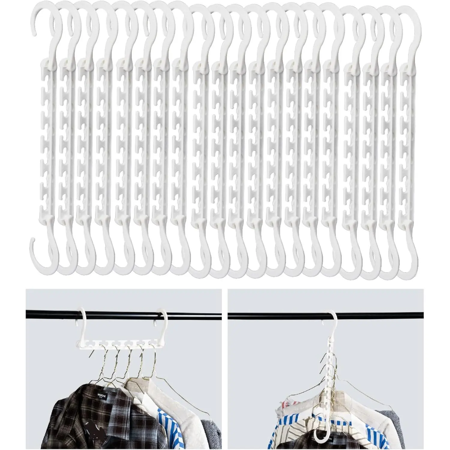 Space Saving Hangers for Clothes, 20 pcs, White, Plastic Multi Clothes Hangers Space Saving, 6 Slots, 360° Rotating Hooks