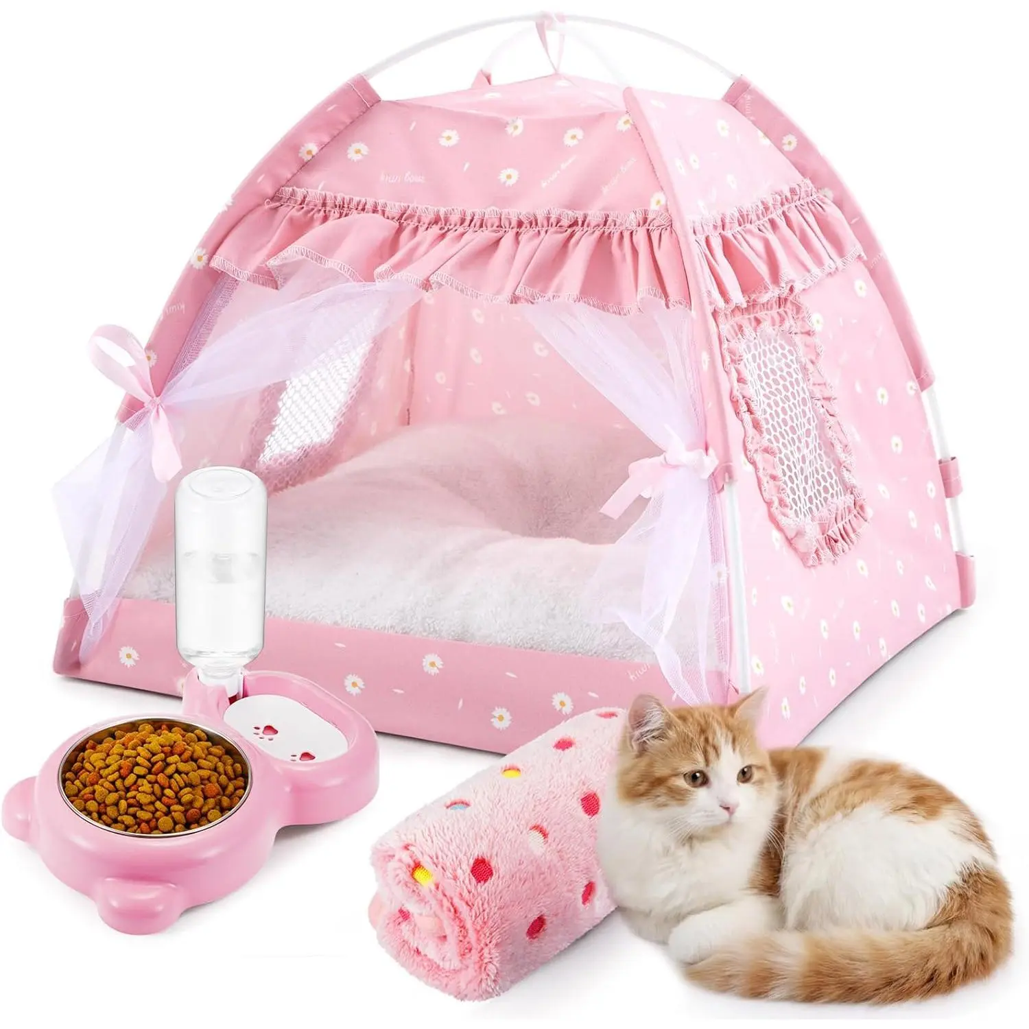 BreezeHug Cat Tent Bed with Bowl Water Dispenser Washable Cushion Blanket, Pink Princess Indoor Pet House Small Dog Bed Puppy Nest for Kitten Teacup Chihuahua Yorkie Maltese, 13.78 x 13.78 x 13.78 in
