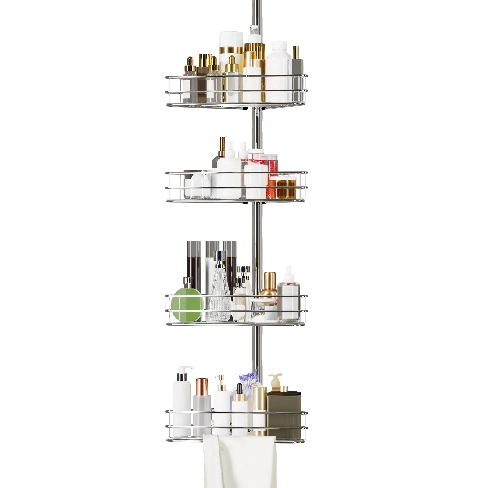 GARVEE Adjustable Tension Pole Shower Caddy with 4 Corner Basket Shelves and Built-In Towel Bars, Bathroom Organizer Extending from 75 to 110 Inches, Silver Finish