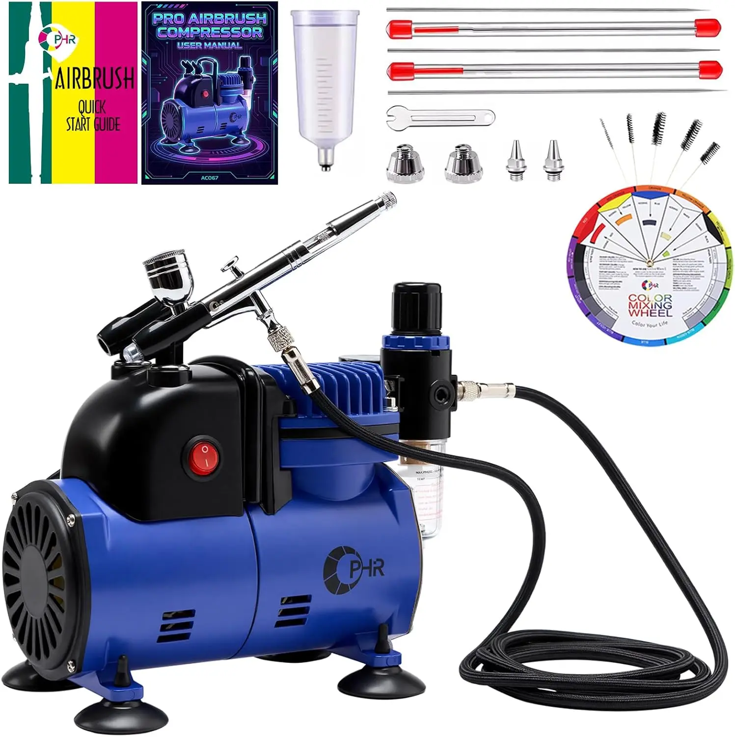 Airbrush Starter Kit with Compressor & Dual-Action Airbrush | Quiet 47db Air Compressor with Cooling Fan, 0.2/0.3/0.5mm Nozzles, 40CC Cup for Home Studios, Model Hobby Set for Beginners