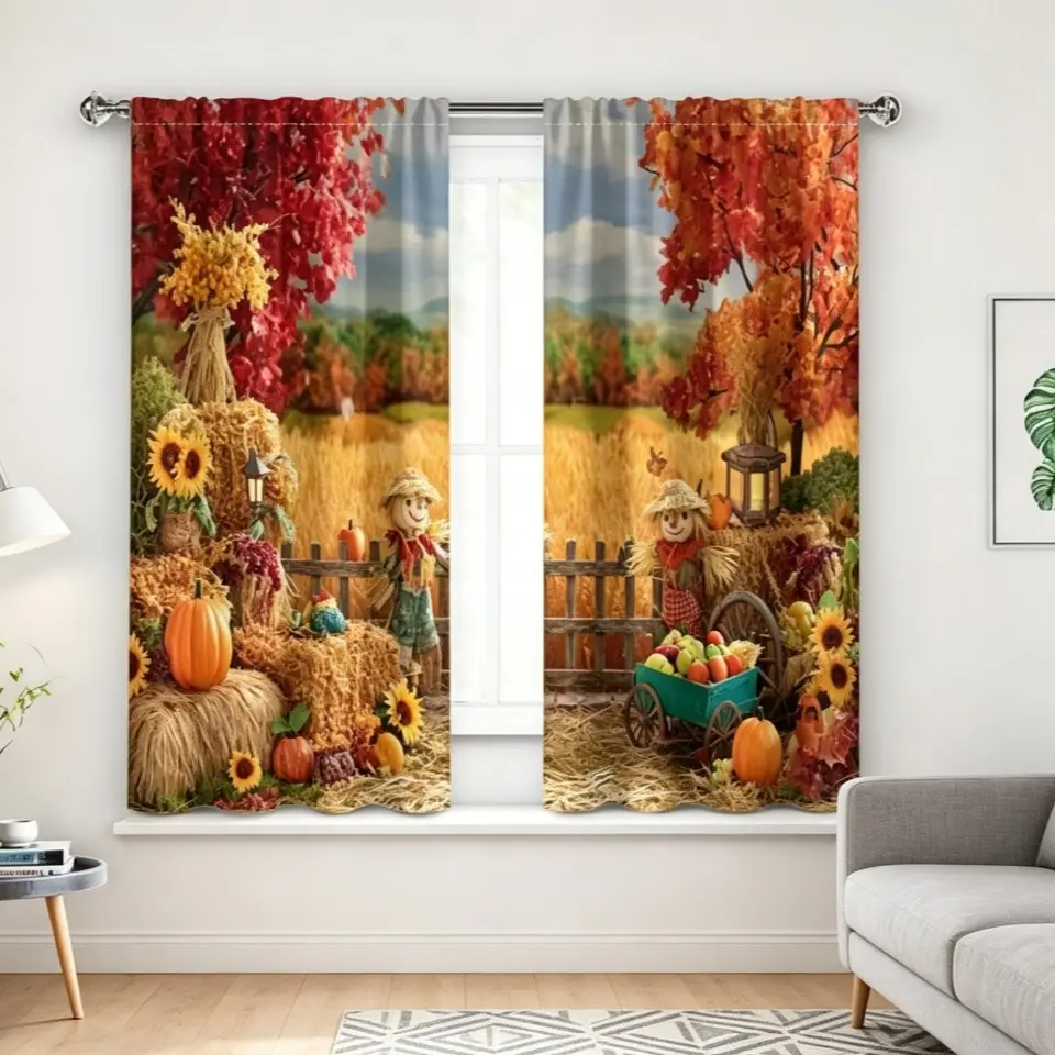 Autumn Harvest Pumpkin Floral Two-Piece Curtain, Polyester Decorative Curtain with Farm Scene Print, Fall Season Plant Theme
