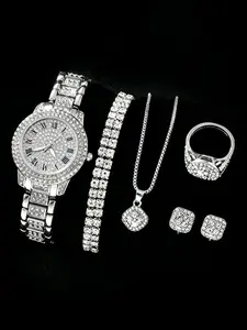 5Pcs Luxury Iced Out Women Watch Jewelry Set, Analog Quartz Roman Numeral Big Dial Wrist Watch, Full Diamond Bracelet, Pendant Necklace, Ring & Earrings, European American Style Elegant Unisex Fashion Jewelry Gift Box for Night Club Party
