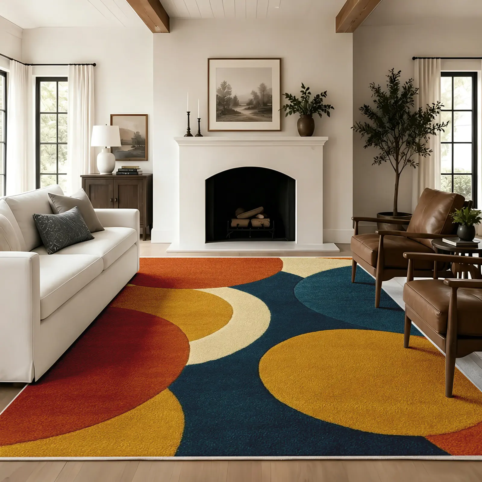 Mid-Century Modern Area Rug, Bold Overlapping Circles in Rust Red, Mustard Yellow & Teal on Dark Blue Base, Non-Slip Washable Carpet, Soft Durable Floor Mat, Aesthetic Rugs for Living Room Bedroom Home Decor, 8 x 10 ft Area Rugs