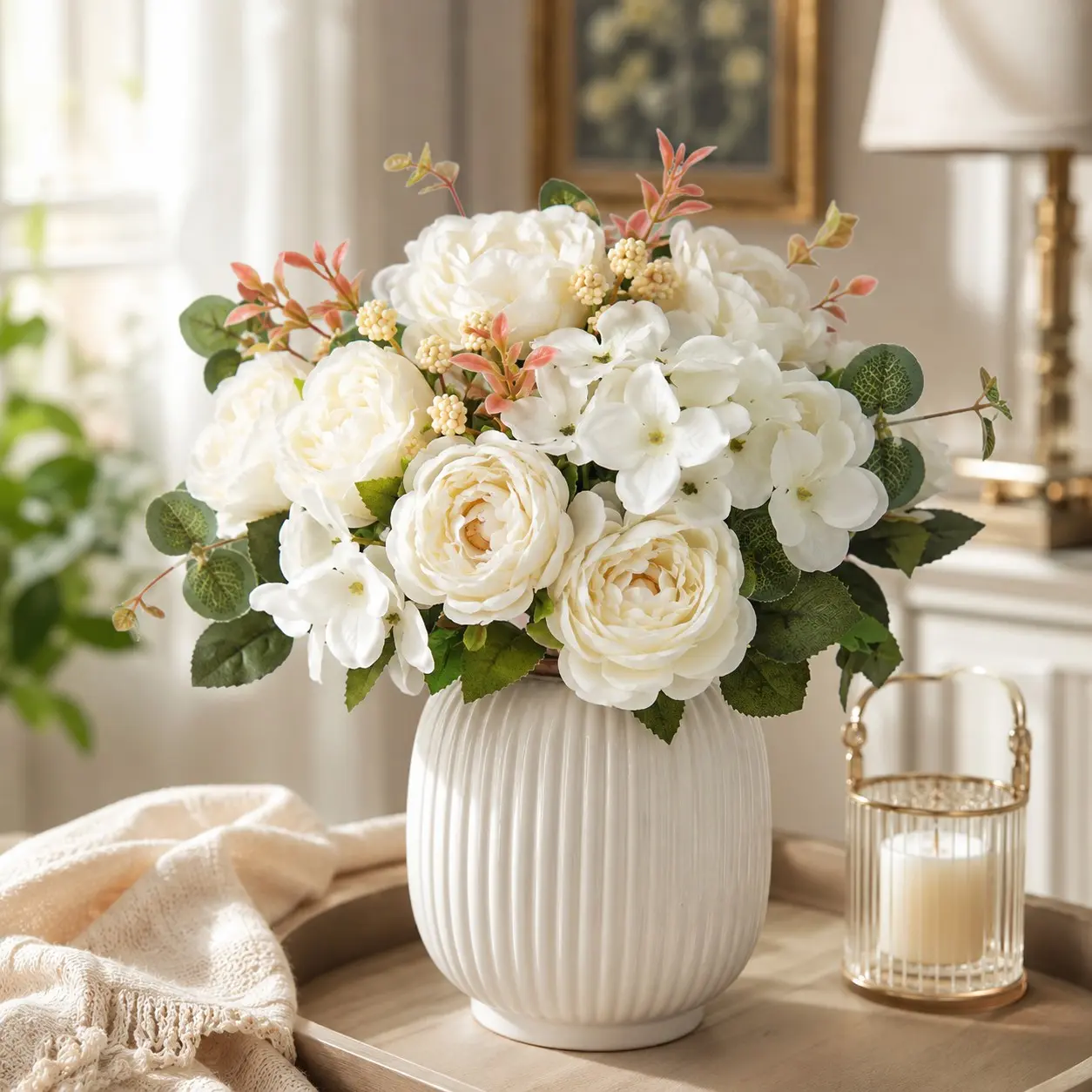 KIRIFLY Artificial Peony Flowers Ivory Faux Rose Hydrangea Bouquet for Vase Home Table Centerpiece Wedding Bridal Shower Party Gift DIY Floral Arrangement Birthday Decoration Farmhouse Kitchen Office Shelf Mantel Romantic Indoor Decor 3PCS