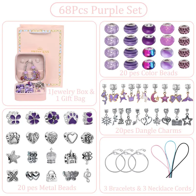68 Pcs Pink Cartoon DIY Bracelet Making Kit, Handmade Beaded Jewelry Set For Gifts. Perfect DIY Craft Accessory Set As Holiday Presents For Back To School, Halloween, Christmas And  Birthday Gift Choices. Beading Kits