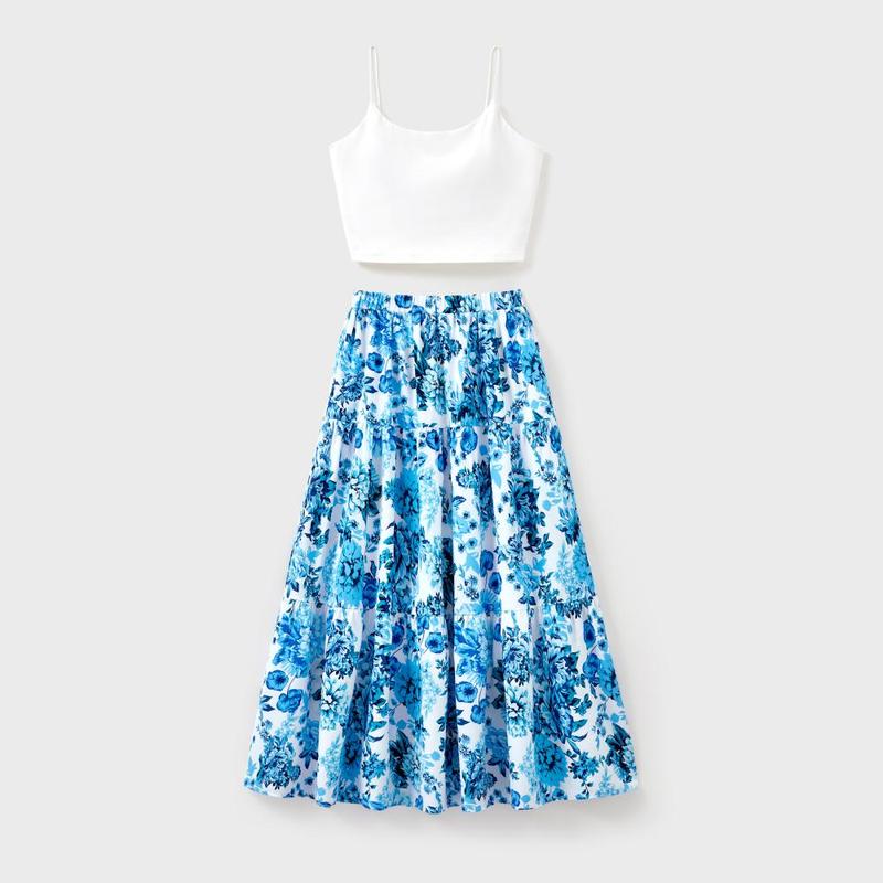 PatPat Family Matching Outfits White Camisole Top and Blue Floral Print Skirt Co-ord Set or Colorblock Short-sleeve T-shirt