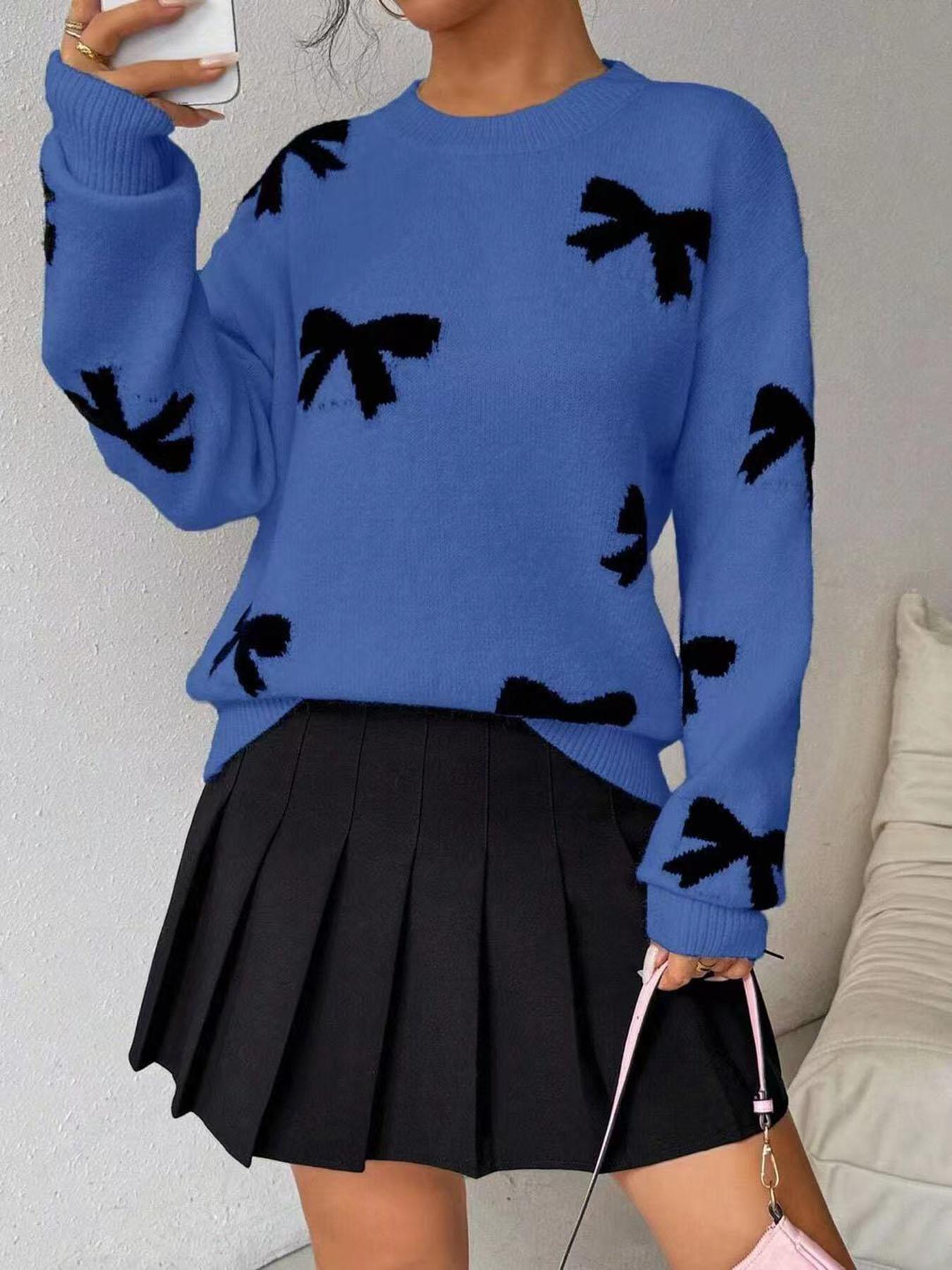 Women's Fashion Bow Print Casual Loose Knit Sweater, New Long Sleeve Pullover for Autumn and Winter, Knitwear, Tops