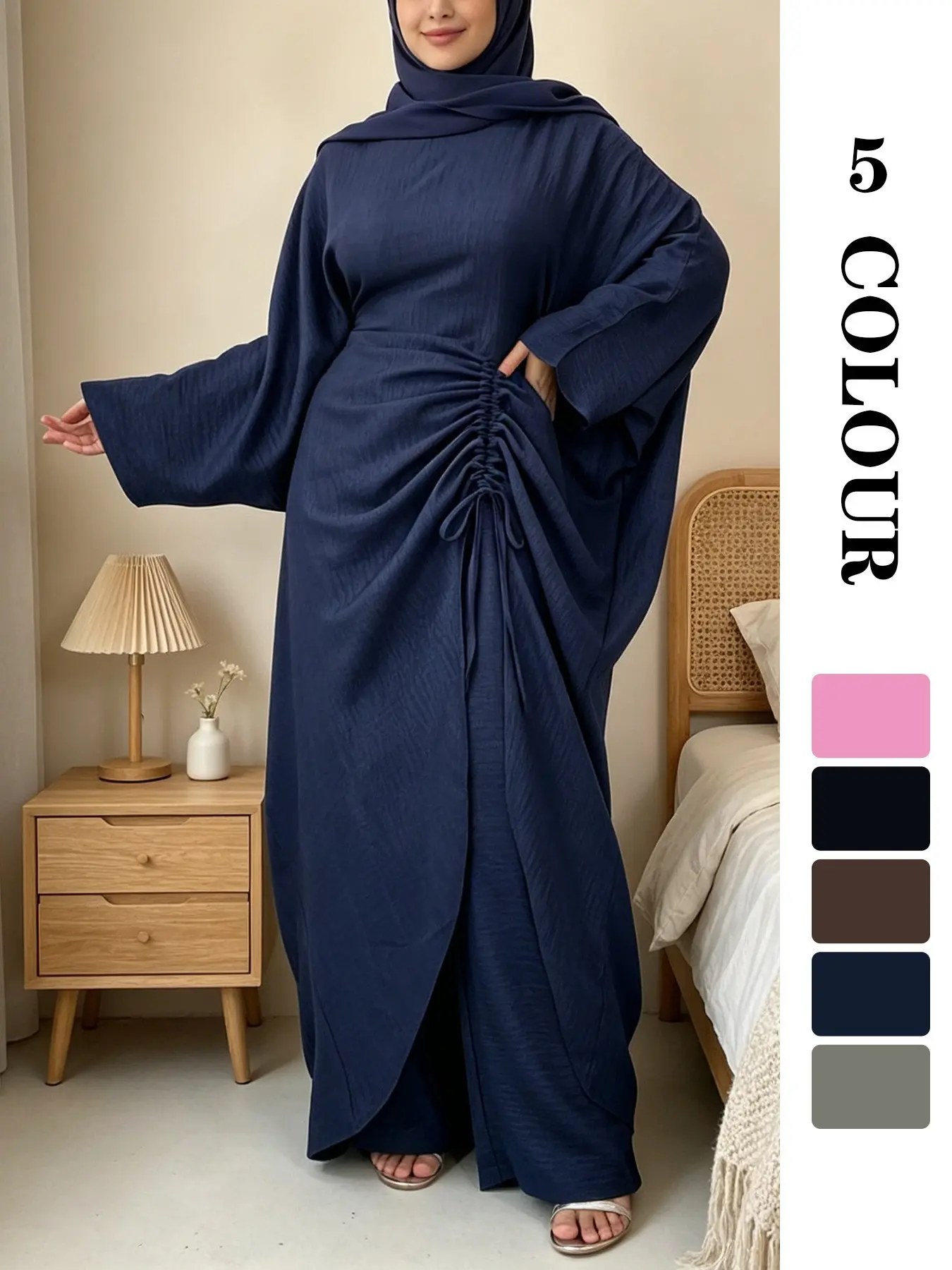 Muslim Sleepwear Two-Piece Set, Crepe Texture Fabric, Batwing Sleeve Top + Drawstring Waist, 5 Colors 5 Sizes, Commute/prayer/dating【Does not include hijab】